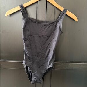 Ainsliewear black tank leotard with mesh trim, petite